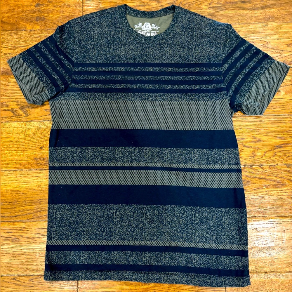 American Rag navy and gray crewneck tee with mixed horizontal stripe pattern